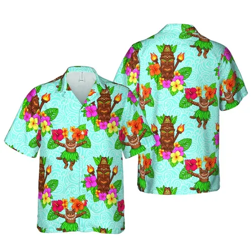 Hula Tabby Cats & Tiki Masks: Tropical Hibiscus Plumeria Water Wave Fabric Design Short-sleeve Hawaiian Shirt