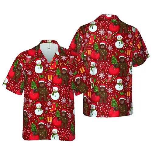 Bigfoot Christmas Hawaiian: Santa Hat Snowman Holly Leaf Gift Box Snowflake Tile Short-sleeve Hawaiian Shirt