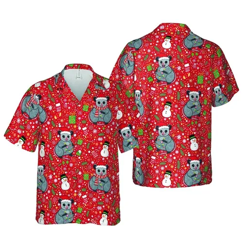 Possum Lovers: Santa Hat Christmas Light Scarf Candy Cane Gift Box Red Star Tropical Scene Short-sleeve Hawaiian Shirt