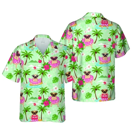Pug Owner Surfing Pugs Flamingo Donut Floaties Palm Tree Hibiscus Ocean Island Design Short-sleeve Hawaiian Shirt
