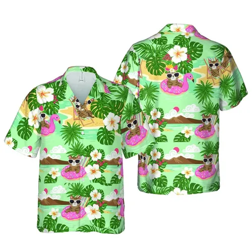 Tabby Cats Sunglasses Floatie: Crowned Feline Palm Hibiscus Botanical Sand Water Pattern Short-sleeve Hawaiian Shirt