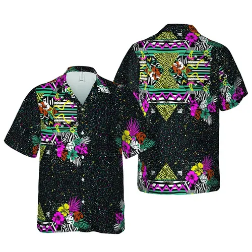Hawaiian Geometric Triangles Animal Print Zig-Zag S-Shapes Black Pink Teal Yellow White Short-sleeve Hawaiian Shirt