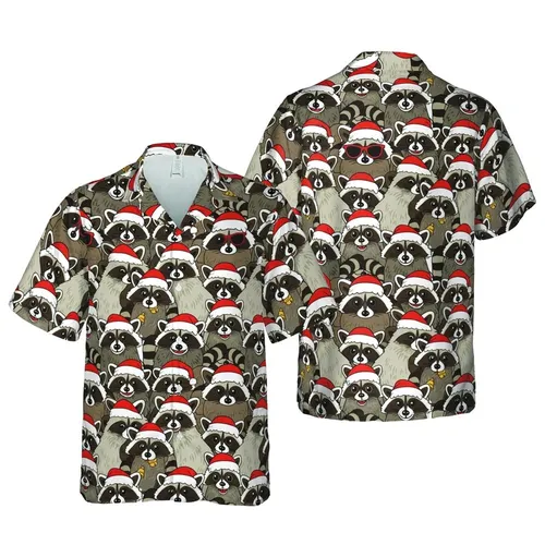 Photorealistic Raccoons Santa Hat Hawaiian Edge-to-Edge Gold Jingle Bells Design Short-sleeve Hawaiian Shirt