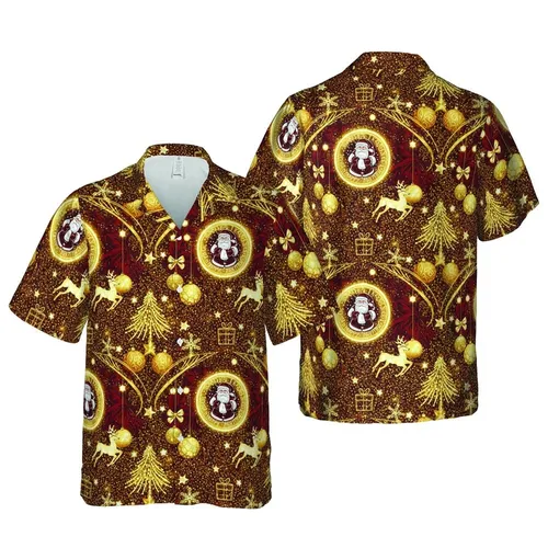 Santa Reindeer Hawaiian Golden Wreath Christmas Tree Bauble Text Tile Print Short-sleeve Hawaiian Shirt