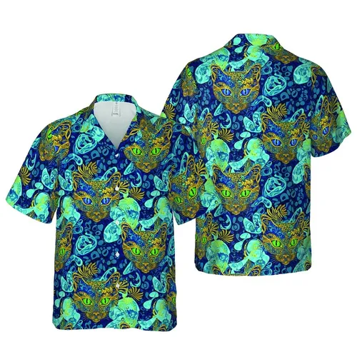 Cat Lover's Hawaiian Abstract Feline Golden Fractal Filigree Aqua Teal Textile Short-sleeve Hawaiian Shirt