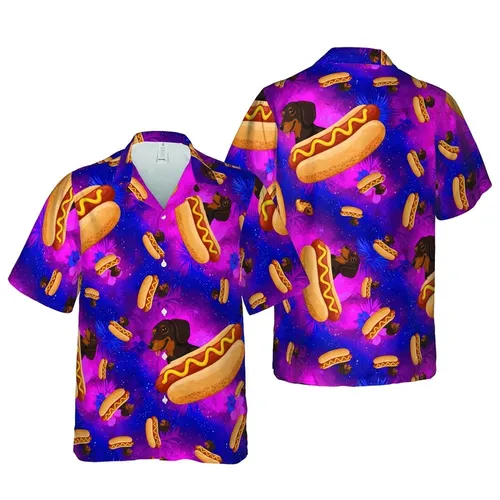 Dachshund Hot Dog Hawaiian Galactic Purple Magenta Blue Golden Yellow Art Design Short-sleeve Hawaiian Shirt