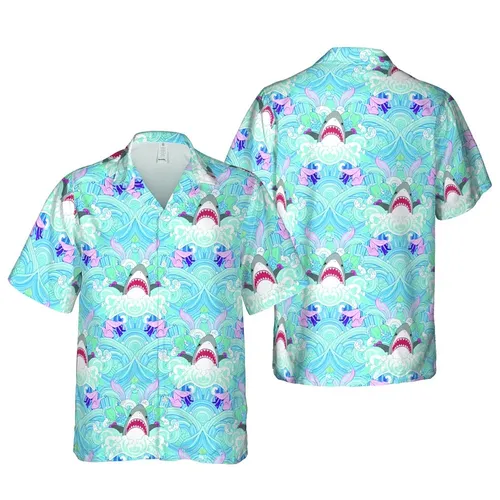 Ocean Life: Grey Shark, Pink Mermaid Tails, Blue Concentric Wave Fabric Pattern Short-sleeve Hawaiian Shirt