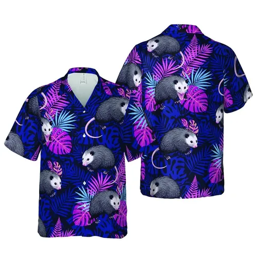 Hawaiian Opossum: Realistic Marsupial & Palm Frond Tropical Jungle Pattern Short-sleeve Hawaiian Shirt
