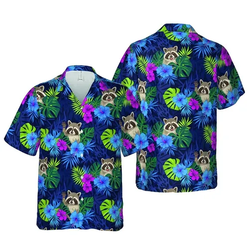 Raccoon Botanical Pattern: Peeking Raccoons, High Contrast Blue Magenta Navy Foliage Short-sleeve Hawaiian Shirt