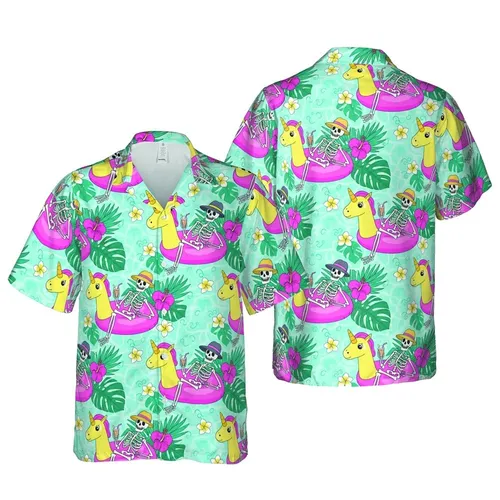 Hatted Skeletons Unicorn Floats Pool Water Hawaiian Botanical Print Design Short-sleeve Hawaiian Shirt