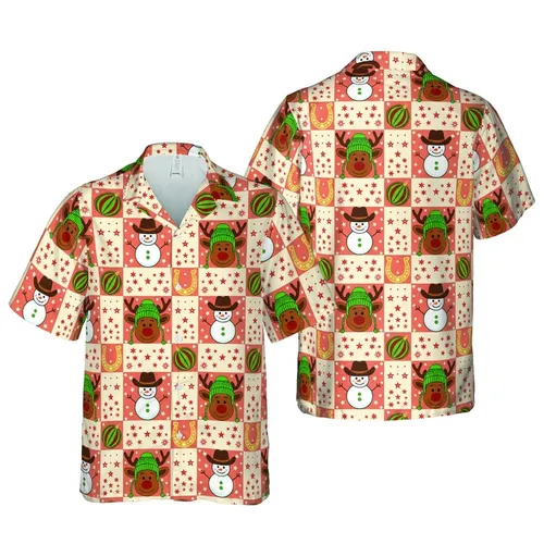 Christmas Western Gingerbread Snowman Reindeer Cowboy Hat Holly Horseshoe Checkerboard Short-sleeve Hawaiian Shirt