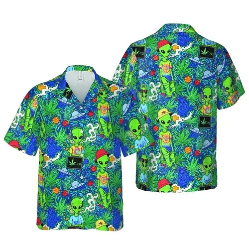 Green Alien Tropical Space Leaf Pattern with Planets & Flying Saucers Sublimation Graphic Short-sleeve Hawaiian Shirt