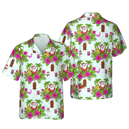 Hawaiian Christmas Santa Surfboard Snowmen Tiki Hibiscus Palm Blue Snowflakes Fabric Design Short-sleeve Hawaiian Shirt
