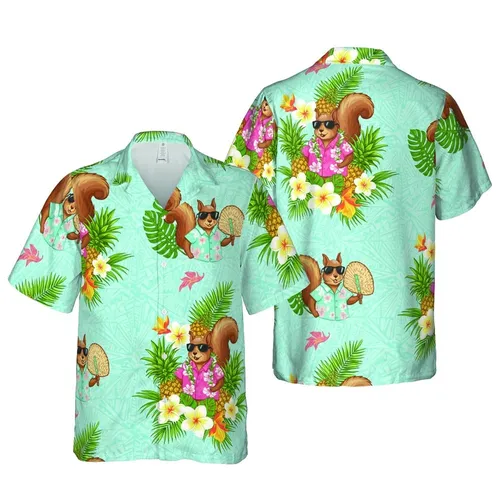 Vacation Squirrels Hawaiian Pattern: Tropical Plumeria & Polynesian Geometric Design Short-sleeve Hawaiian Shirt