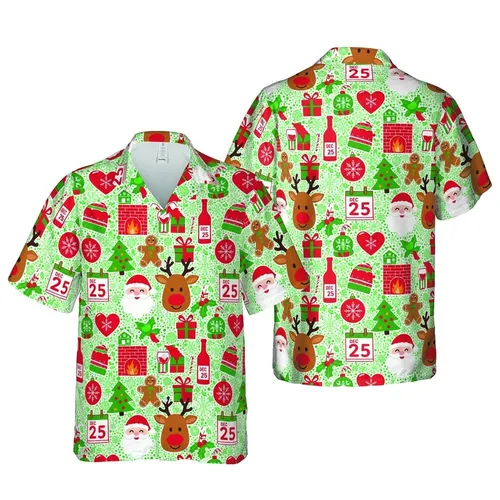 Hawaiian Christmas Design: Santa, Gingerbread, Reindeer, Snowmen, Gifts, Holly, Snowflakes Short-sleeve Hawaiian Shirt