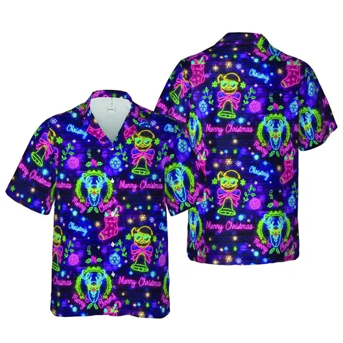 Neon Reindeer Santa Bauble Holly Hawaiian Brick Wall Christmas Layout Short-sleeve Hawaiian Shirt