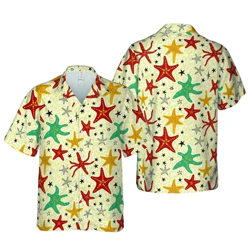 Hawaiian Red Golden Teal Starfish: Stylized Shapes, Black Outlines, Botanical Mosaic Short-sleeve Hawaiian Shirt