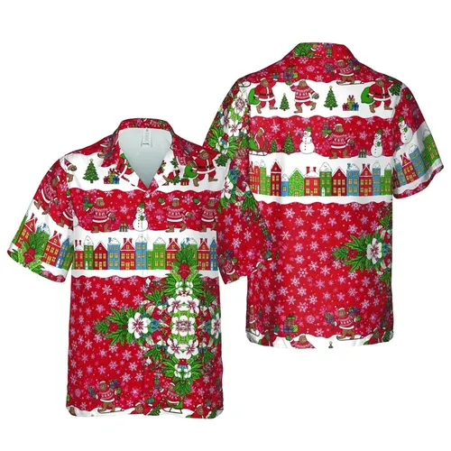 Festive Bigfoot Hawaiian Style Design: Santa Suits, Ugly Sweaters, Snow-Covered Townhouses Short-sleeve Hawaiian Shirt