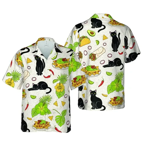 Black Cat & Mexican Food Hawaiian Design: Tacos Burritos Nachos Guacamole White Spice Backdrop Short-sleeve Hawaiian Shirt