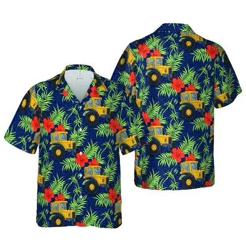 Yellow Industrial Tractor Hawaiian Pattern, Off-Road Tires, Palm Fronds, Red Flowers, Navy Blue Short-sleeve Hawaiian Shirt