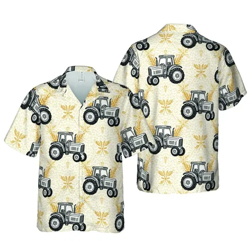 Agriculture Tropical Tractor Linocut: Golden Wheat Stalks Botanical Fabric Print Short-sleeve Hawaiian Shirt