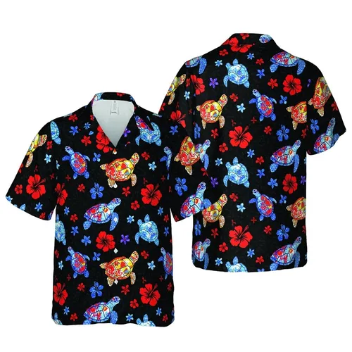 Tropical Sea Turtle Mosaic: Hibiscus, Watercolor Splash, Deep Black Background Short-sleeve Hawaiian Shirt