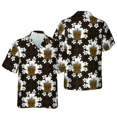 Tropical Tiki Mask Pattern: Golden Brown Geometric Carvings, White Hibiscus Plumeria Design Short-sleeve Hawaiian Shirt