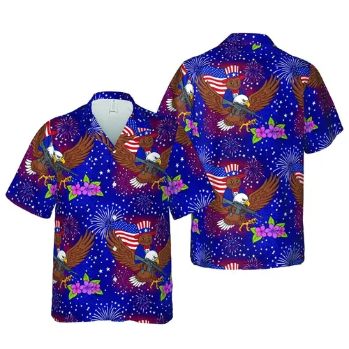 Uncle Sam Cat & Eagle Hawaiian Pattern with Flag Flowers Firework Star Motif Short-sleeve Hawaiian Shirt