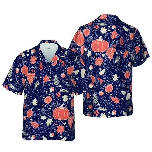 Hawaiian Autumn Pumpkins Gourds Grapes Maple Leaves Navy Coral White Dot Short-sleeve Hawaiian Shirt