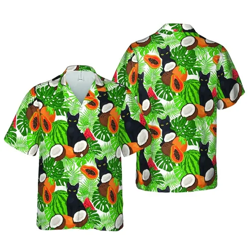 Black Cats Coconuts Papayas Watermelons Palm Fronds Monstera Leaves Design Short-sleeve Hawaiian Shirt