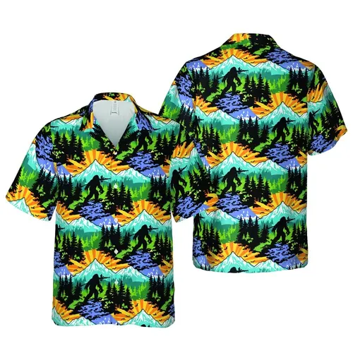 Bigfoot Fisherman Hawaiian Pattern: Pine Forest Stream, Snow Peaks, Sunset Birds Short-sleeve Hawaiian Shirt