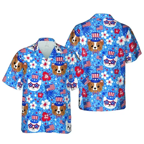 Patriotic Cat Dog Faces: Seamless Hawaiian Pattern, USA Hats, Flags, Red Blue Stars Short-sleeve Hawaiian Shirt