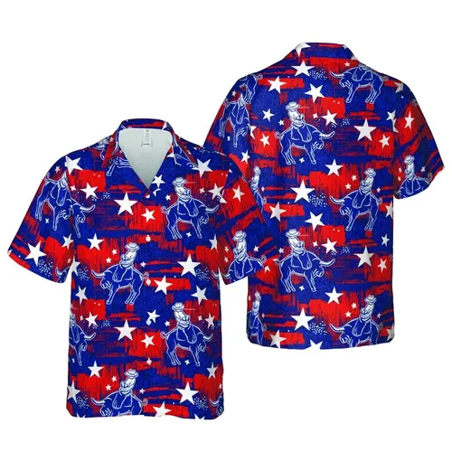 Rodeo Cowboy Bucking Bull Hawaiian Pattern: Distressed Red Blue Brushstroke Star Design Short-sleeve Hawaiian Shirt