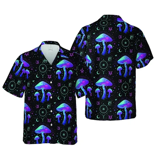 Hawaiian Pattern Stylized Mushrooms Glowing Gradient Moon Star Sun Glyphs Stardust Textile Short-sleeve Hawaiian Shirt