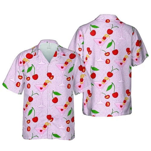 Pink Martini Glass & Red Cherry Pattern: Citrus Twist, White Sparkles, Lavender-Pink Canvas Short-sleeve Hawaiian Shirt