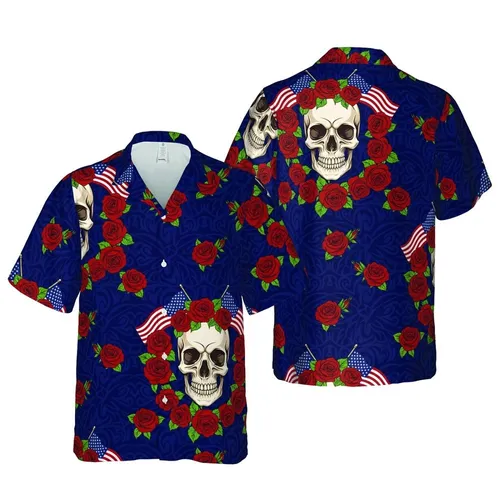 Hawaiian Skulls, US Flags, Rose Wreaths Seamless Navy Mosaic Motif Short-sleeve Hawaiian Shirt