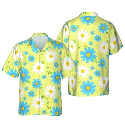 Hawaiian Blue Daisy White Daisy Yellow Center Light Blue Flowers Dotted Background Short-sleeve Hawaiian Shirt