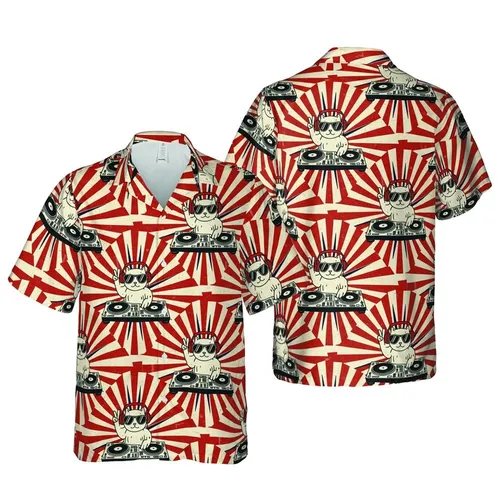 Cat DJ Hawaiian Pattern: Red Headphones, Peace Sign, Turntable, Sunburst Botanical Stripes Short-sleeve Hawaiian Shirt