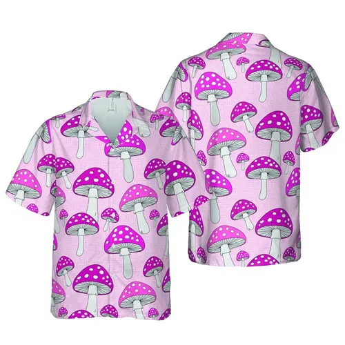 Tropical Botanical Hawaiian Amanita Muscaria Stylized Pink Magenta Seamless Fabric Pattern Short-sleeve Hawaiian Shirt