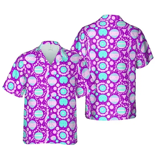 Fuchsia Cyan Hawaiian Fabric Print: Geometric Polka Dot Inverted Heart Mosaic Short-sleeve Hawaiian Shirt