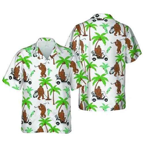 Sasquatch Golfing Hawaiian Pattern: Palm Trees, Tropical Birds, Shaggy Bigfoot Short-sleeve Hawaiian Shirt