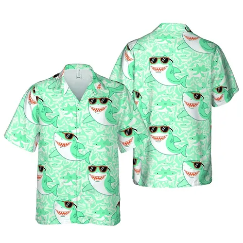 Shark Enthusiast Hawaiian Pattern: Teal Cartoon Sharks, Sunglasses, Wavy Shark Mosaic Short-sleeve Hawaiian Shirt