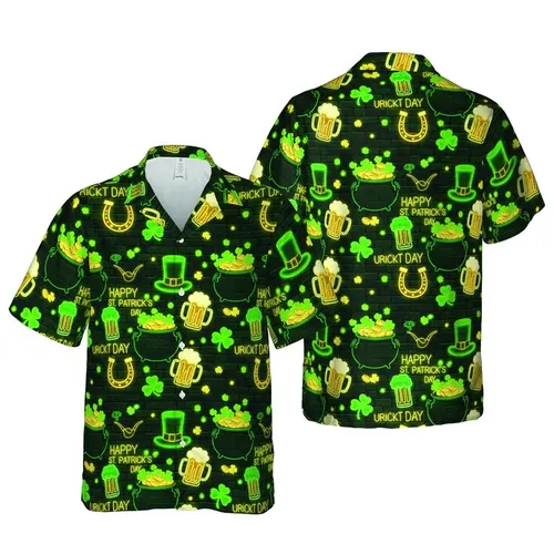 St. Patrick's Day Pattern: Neon Signs, Gold Pots, Shamrocks, Beer Steins, Brick Wall Short-sleeve Hawaiian Shirt