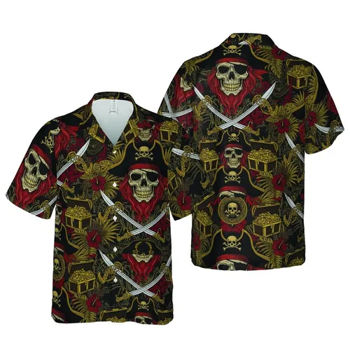 Pirate Skull Tricorn Hat Gold Chests Sabers Seamless Dark Edge-to-Edge Pattern Short-sleeve Hawaiian Shirt