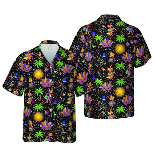 Masquerade Dancers, Feather Masks, Palm Tree Cocktails, Party Popper Confetti Black Short-sleeve Hawaiian Shirt