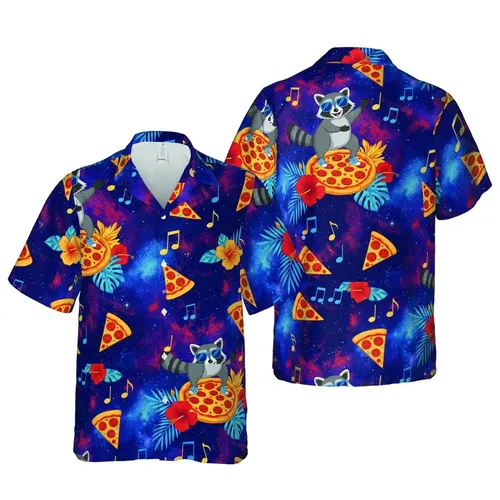 Dancing Raccoon Blue Sunglasses Sneakers Pepperoni Pizza Cosmic Galaxy Hawaiian Pattern Short-sleeve Hawaiian Shirt