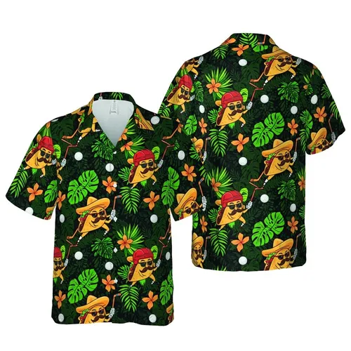 Anthropomorphic Tacos Golf Hockey Action Sombrero Helmet Tropical Foliage Pattern Short-sleeve Hawaiian Shirt