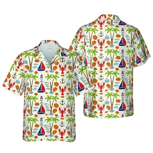 Intricate Botanical Palm Tree Red Lobster Lighthouse Blue Sailboat Anchor Design Short-sleeve Hawaiian Shirt