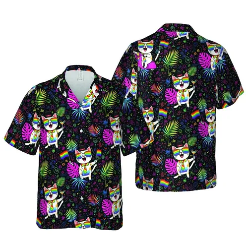 Anthropomorphic Cats Rainbow Sunglasses Scooter Tropical Leaves Hawaiian Pattern Short-sleeve Hawaiian Shirt