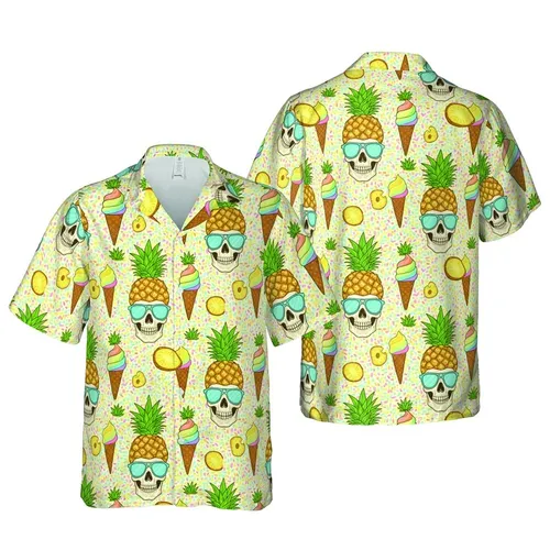 Repeating Pineapple Skull Sunglasses Soft Serve Ice Cream Cones Candy Sprinkles Mosaic Short-sleeve Hawaiian Shirt